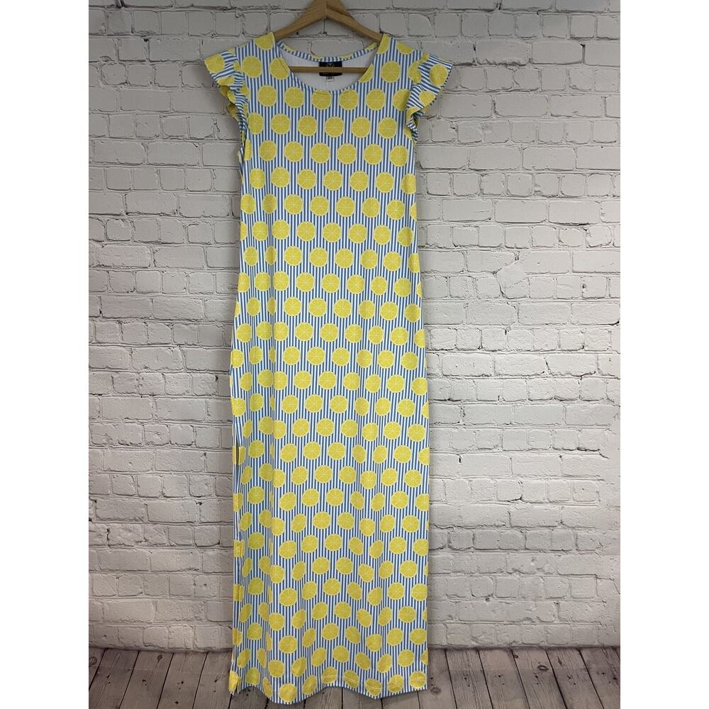 $180 Sailor Sailor Lemon blue white stripe dress NWT UPF XS Long Side Slit Maxi